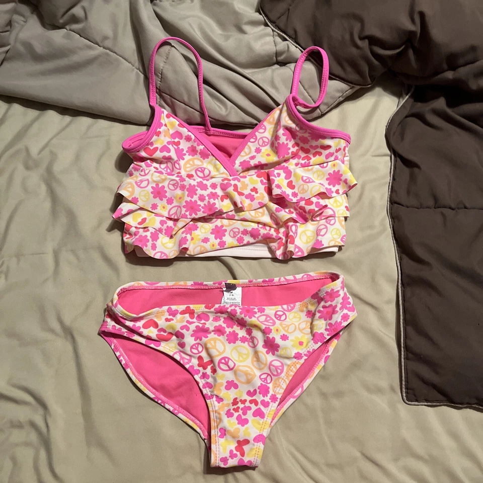 OP Ocean Pacific | Girls 2 Piece Tankini Set Peace Sign Ruffles | M ( 7-8 ) - Image 1 of 4