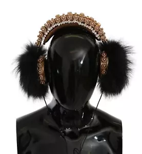 Dolce & Gabbana Gold Black Crystal Fur Headset Audio Headphones - Picture 1 of 5