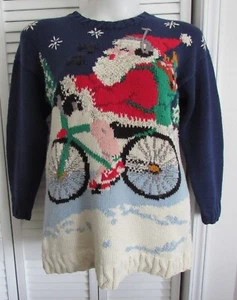 Signature by Northern Isles Hand Knit Biking Santa Claus Sweater Size Small - Picture 1 of 6