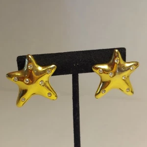 Vintage goldfarbene Strass Schmuck Stern Fisch Clip-on Ohrringe ca. 1" Strand - Bild 1 von 10