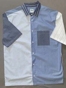 Camisa Zara Para Hombre Grande 100% Algodón Abotonada Manga Corta Multi Pin Rayas - Imagen 1 de 6