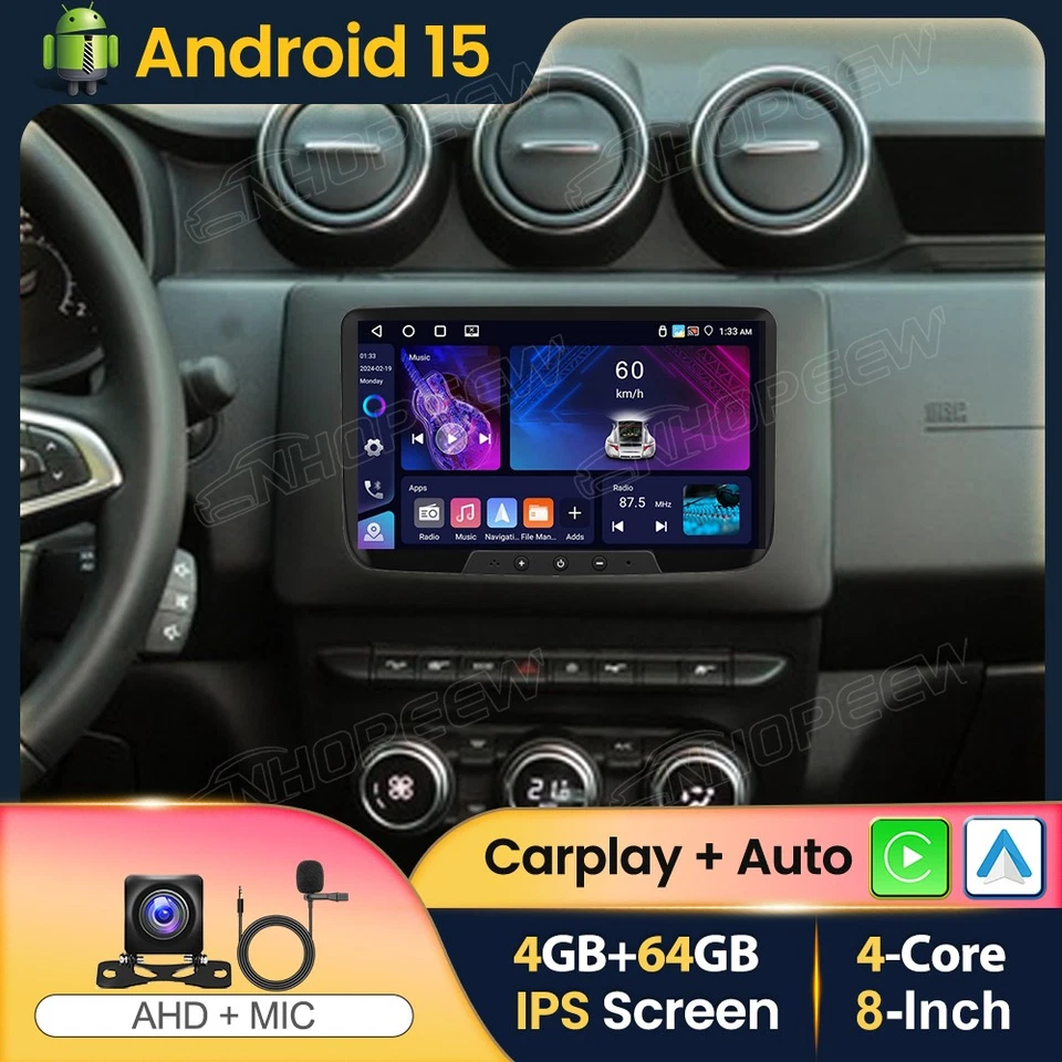 4+64GB Android 15 Apple Carplay Autoradio GPS Navi BT Für Dacia Duster 2019-2021 - Bild 1 von 4