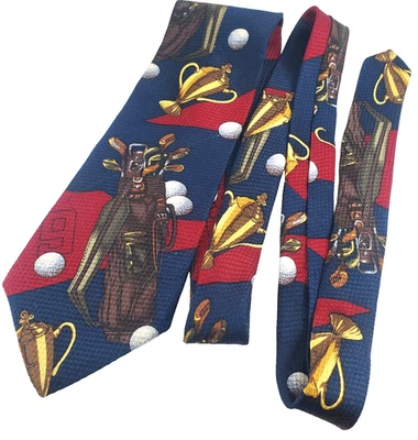 Vintage All Silk Neck Tie 4" 59.5" Hathaway Golfing Golf Clubs Trophy Blue USA - Image 1 of 4