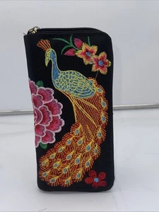 Black Canvas Pink Peacock & Floral Embroidered Zippered Wallet - NEW (#5) - Picture 1 of 4
