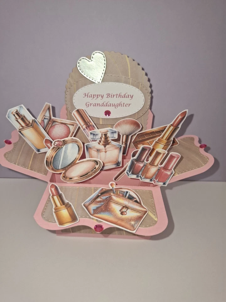 Handmade Granddaughter Birthday Card.  Personalised Box pop up Make Up design. - Image 1 of 4
