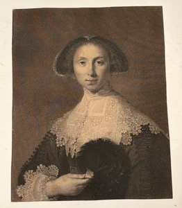 Antique Rembrandt 1866 Lady with A Fan Engraving Print - Picture 1 of 3