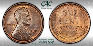 CACG MS-64 BN 1921-S Lincoln Cent, Frosty, Arguably Red-Brown specimen! - Picture 1 of 3