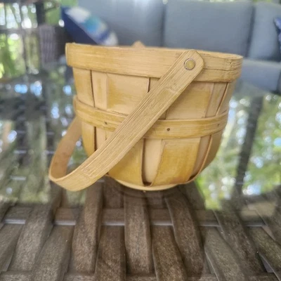 Farmhouse Wooden Slat Bushel Basket w/ Handle 4" Tall x 6" Wide Rustic Decor - Image 1 of 4