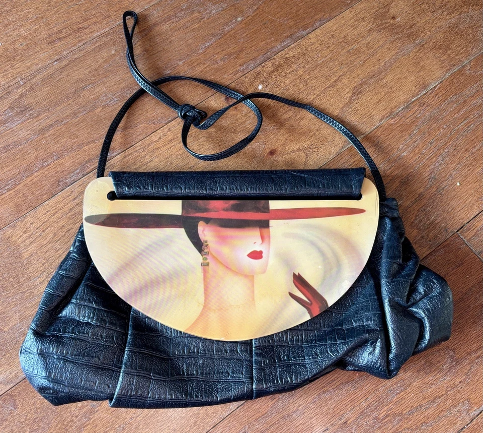 Vintage Leather Moon Bags Black Art Deco  Design Clutch/Satchel - Image 1 of 4