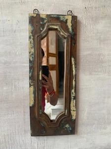 Rustic Wooden Mirror Frame With Hand Carved Indian Design Vintage Look - Picture 1 of 11