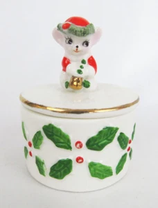 Vintage Treasure Masters Porcelain Santa Mouse Holly Trinket Box Container - Picture 1 of 5