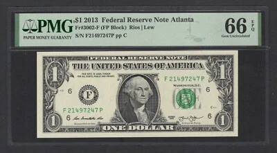 United States-Federal Reserve 1 Dollar 2013 Fr#3002-F (FP Block) UNC Grade 66 - Image 1 of 2