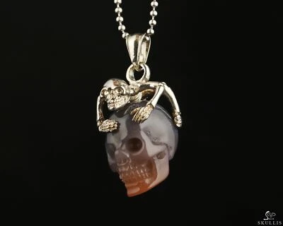 Ожерелье с драгоценными камнями 1,2 дюйма из мозамбикского агата ручная резьба хрустальный череп подвеска - Изображение 1 из 4