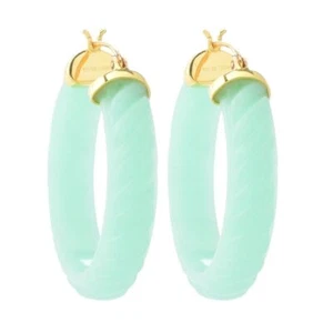 Far East Jewelry 14K Gold Plated 38x8mm Carved Jade 1.5" Hoop Earrings - Picture 1 of 4