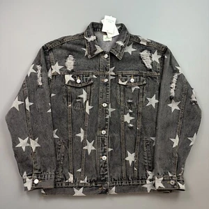 Blue Buttercup Denim Jacket Women's Small Charcoal Wash Stars Distressed NWT - Picture 1 of 16