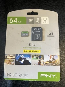 PNY Elite-X 64GB Micro SD Card, MicroSDXC, A1, V30, Class 10, 100MB/S - Pack 1 - Picture 1 of 2