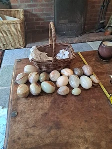 16 Polished Marbled Stone Eggs And A Basket - Picture 1 of 8