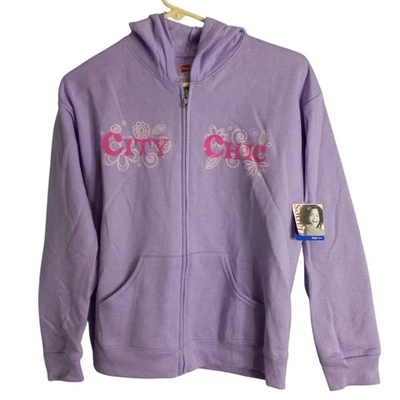 Hanes Size M 7 8 Girls Hoodie Zip Up Lilac Medium CITY GIRL Glitter Graphic NEW - Image 1 of 4