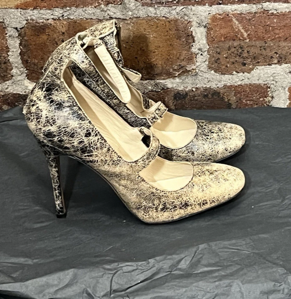 DIESEL BLACK GOLD Y2K BEIGE/BLACK CRACKLED LEATHER ANKLE STRAP HIGH SHOES UK 5 - Image 1 of 4