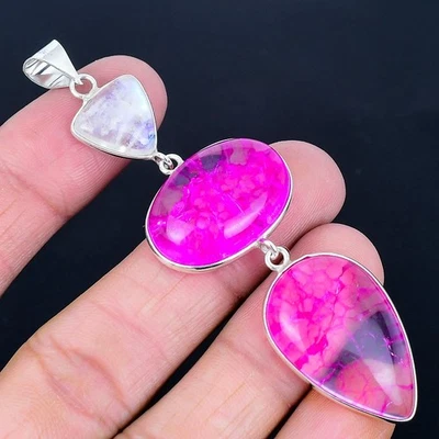 Кулон ручной работы из розового хрусталя с трещинами покрытие серебро 925 3,43 дюйма - Изображение 1 из 3