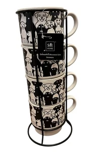SH Home Stackable Mugs Black And White Dogs Stoneware Set Of 4 - Picture 1 of 14