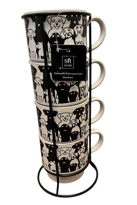 SH Home Stackable Mugs Black And White Dogs Stoneware Set Of 4 - Image 1 of 4