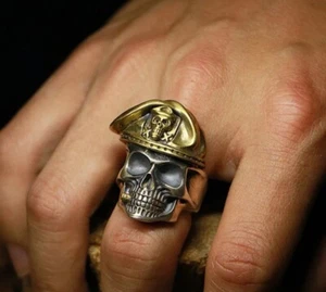 925 Sterling Silver Skull Ring With Cigar And Beret - Picture 1 of 6