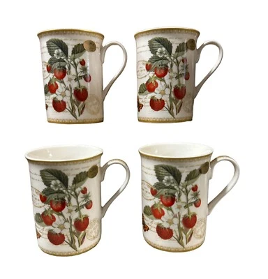 THE LEONARDO COLLECTION Strawberries Mugs Set of 4 Fine China Coffee Cups 300ml Capacity