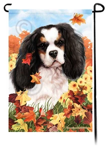 Falling Leaves Garden Flag - Tri Cavalier King Charles Spaniel - Picture 1 of 1