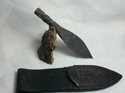 Vtg Handmade Knife Black Hand Tooled Leather Sheath Iron Dagger Twist Handle  - Image 1 of 4