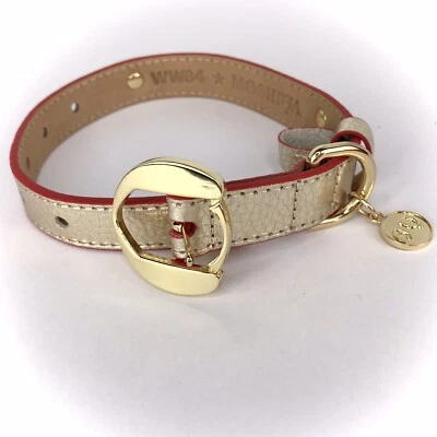 MOSHIQA Gold Leather Dog Collar Size M Metal Logo Designer Luxury WW84 Celebrity - Image 1 of 4