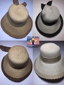 Women's Black Bow 100% Straw Natural Packable Cloche Floppy SPF50 Summer Sun Hat - Picture 1 of 28