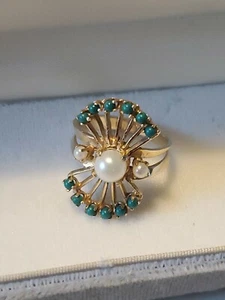 14k yellow Gold ARISTIC Accent Cocktail Ring Turquoise Pearl Gemstones Sz 7.5 - Picture 1 of 6