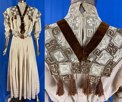 Blusa Falda Vestido Eduardiano Pongee Seda Encaje Marrón Pasaporte Borde Cinturón Foto 1 de 3