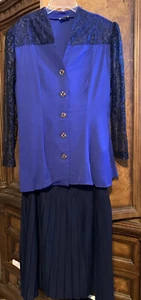 VINTAGE DANI-AN Blue 2-Piece Skirt & Blouse Sz 14 Shoulder Pad Lace Made In USA - Picture 1 of 12