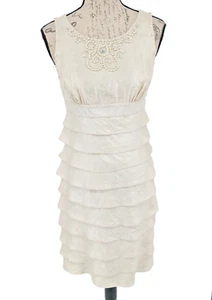Adrianna Papell Dress Sz 6 Ivory Rayon Blend Pearls Baby Doll Empire - Imagen 1 de 9