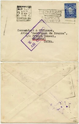 AUSTRALIA 1939 WW2 CENSORED CHINA SAVORGNAN DE BRAZZA FRENCH CONSUL 3d BRISBANE - Image 1 of 3