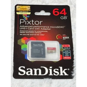 Sandisk Pixtor Advanced 64GB SDXC Class 10 UHS-I Memory Card & Adapter - Picture 1 of 2