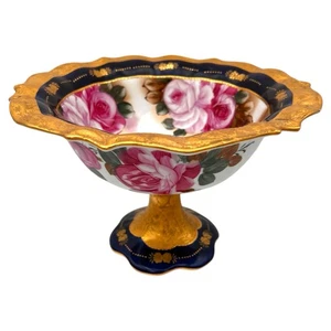 Reproducción Estilo Limoges Pedestal Plato Centro de Mesa Pintado a Mano Rosas Cobalto - Imagen 1 de 15