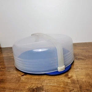 Tupperware Bake N Take Cake Carrier #3062 Blue Clear Locking Lid Vintage - Picture 1 of 5