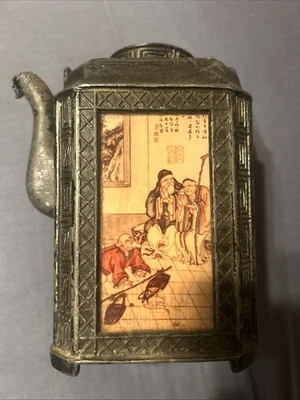 Bule de cobre antigo coreano chinês tocado caddy painéis de cena Yan Yongli - Imagem 1 de 4