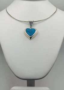 Mexiko Sterlingsilber 925 großer Türkis Herz Anhänger Halsreif Halskette 14" Vintage - Bild 1 von 11