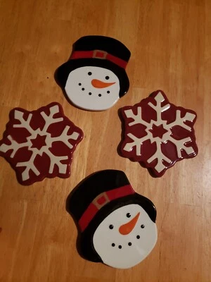 St. Nicholas Square Ceramic Yuletide Coaster Set, Snowman And Snowflakes - Image 1 of 4