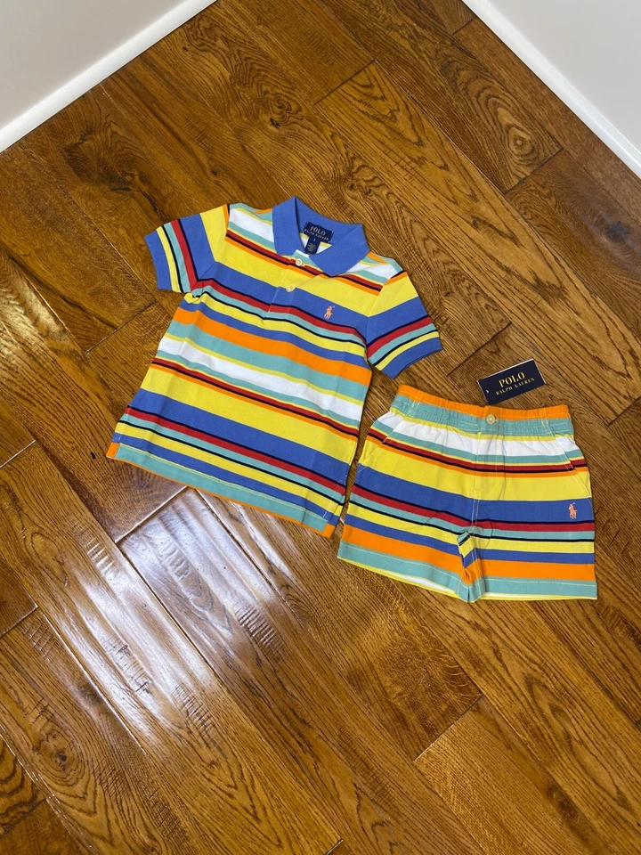 Polo Ralph Lauren Niño Niño Pequeño 5T Amarillo Multi Conjunto Corto. Algodón fresco casual.  Foto 1 de 4