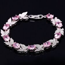 925 Sterling Silver Small 6.5" Womens Pave Butterfly Pink Topaz Tennis Bracelet