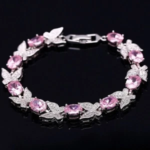 925 Sterling Silver Small 6.5" Womens Pave Butterfly Pink Topaz Tennis Bracelet - Picture 1 of 5