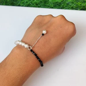 White Pearl Black Spinel Beads Chain Bracelet Pearl Jewelry Gift For Her - Picture 1 of 2