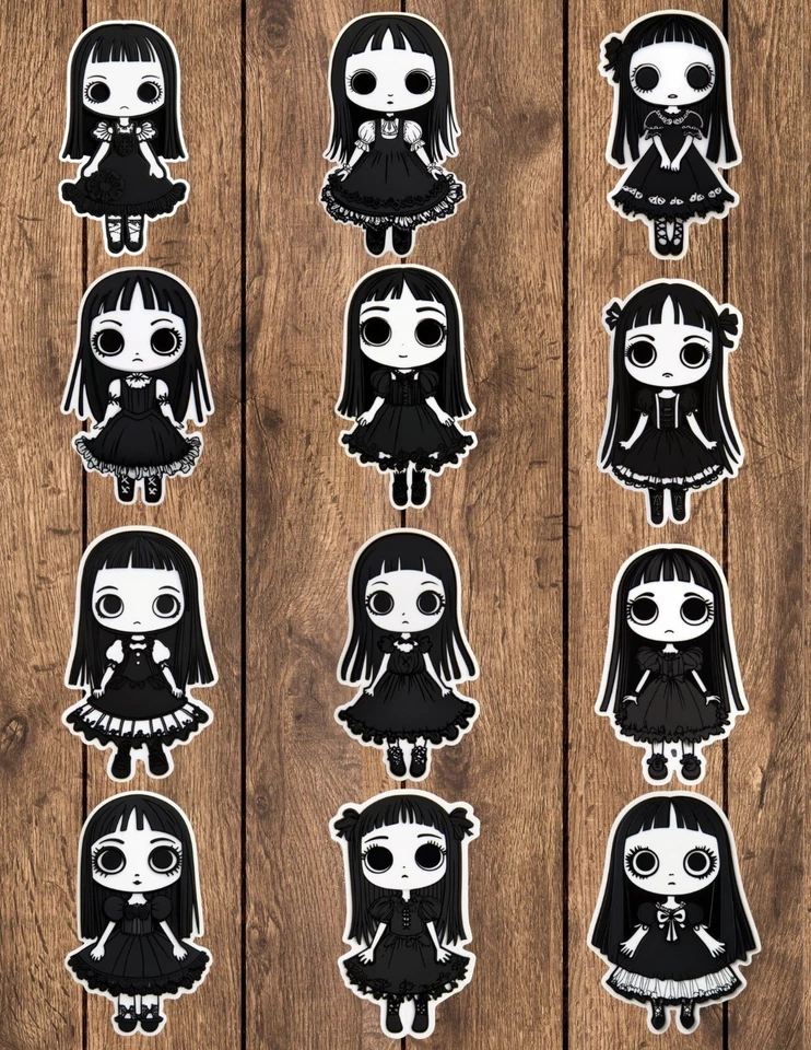 Juego de pegatinas troqueladas para muñeca gótica en blanco y negro álbum de recortes computadora portátil botella de agua  Foto 1 de 1