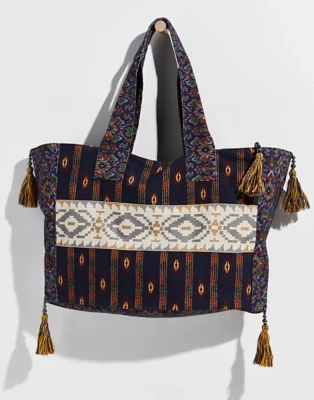 NEW Free People Basel Tassel Canvas Tote Bag Tribal Print Blue Med-Large - Image 1 of 4