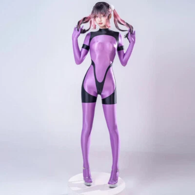 Macacão feminino de cetim com zíper nas costas brilhante clubwear macacão luvas pés macacão - Imagem 1 de 4